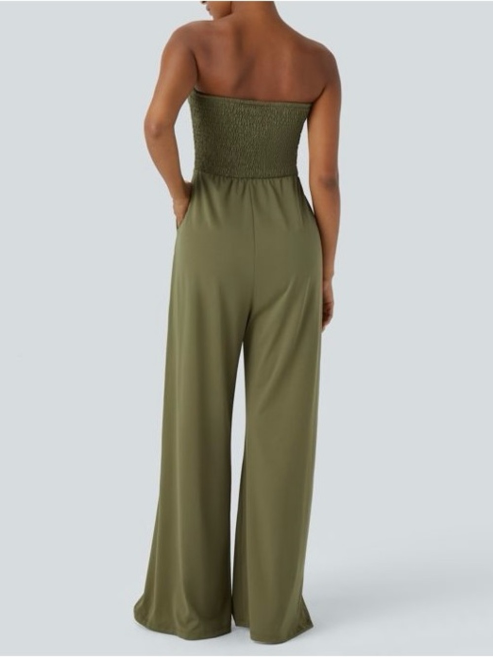 🆕 Halara Jumpsuit Shirred Knot Top Wide Leg Pant w Pockets! Event Guest Olive L - Picture 9 of 14